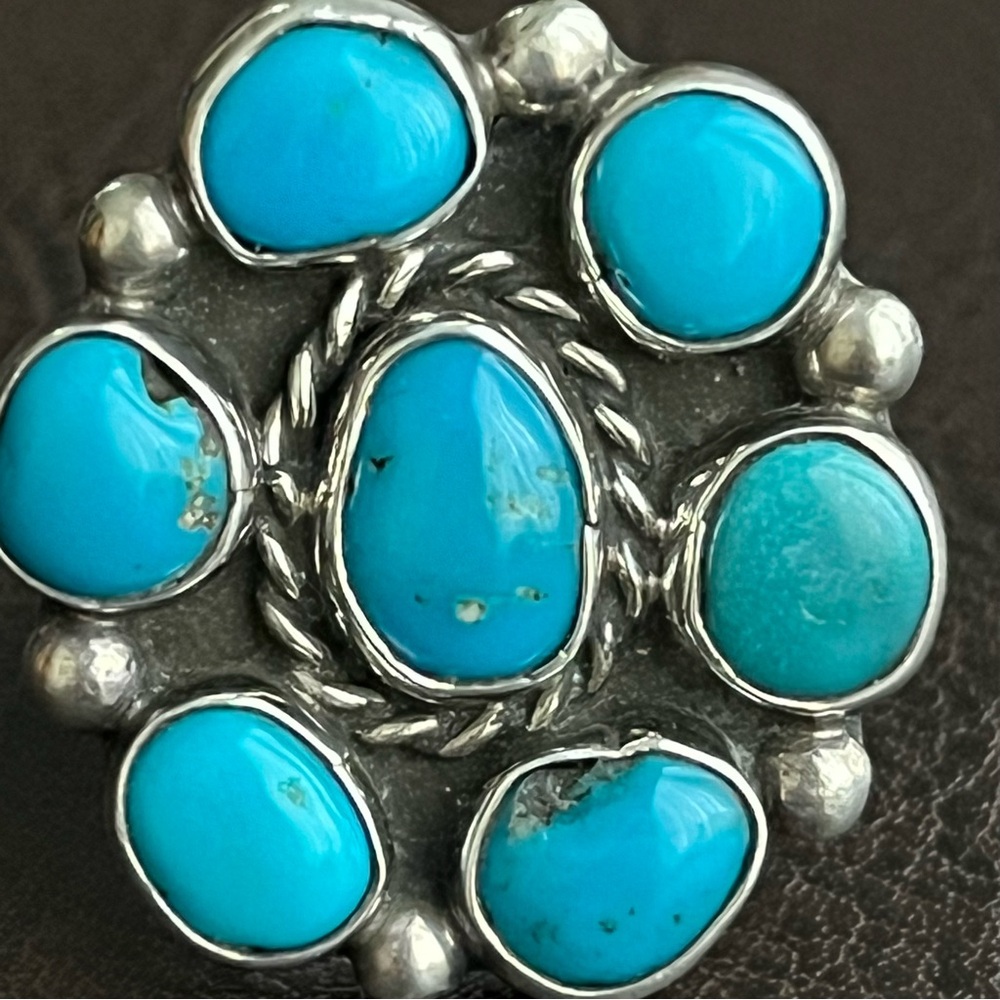 Vintage signed Zuni large Turquoise and sterling silver cluster ring - Picture 4 of 14